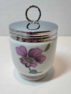 Royal Worcester Porcelain Floral Jar W/ Chrome Lid Made In England White W/ Purp